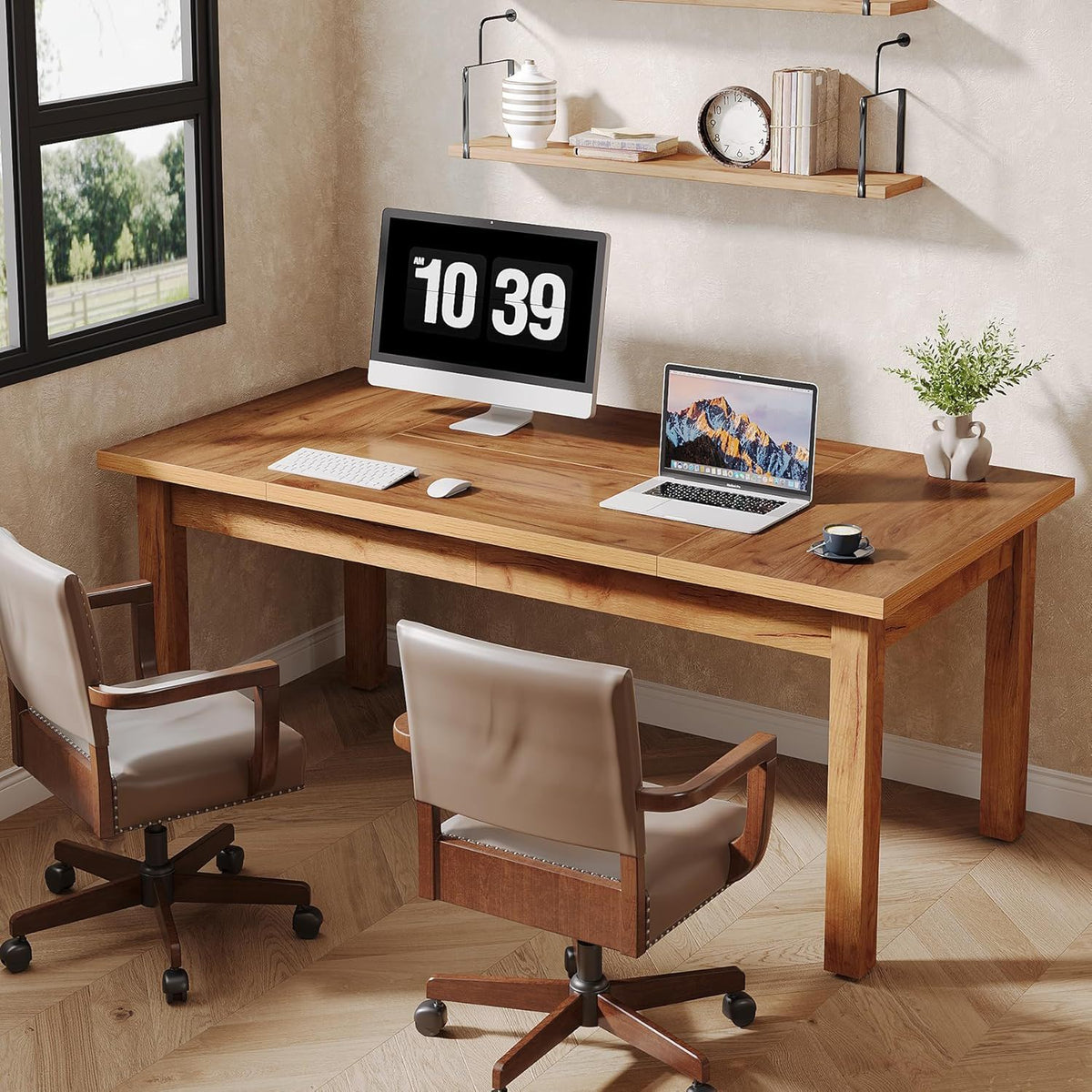 Executive desk with solid wood legs in natural light brown by HouseOfZazla with 2 chairs on Tampa Home & Garden Store