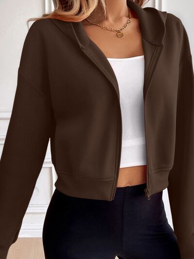 Stevvex cropped zip-up hooded jacket with dropped shoulders in brown over white crop top on Tampa Home & Garden Store