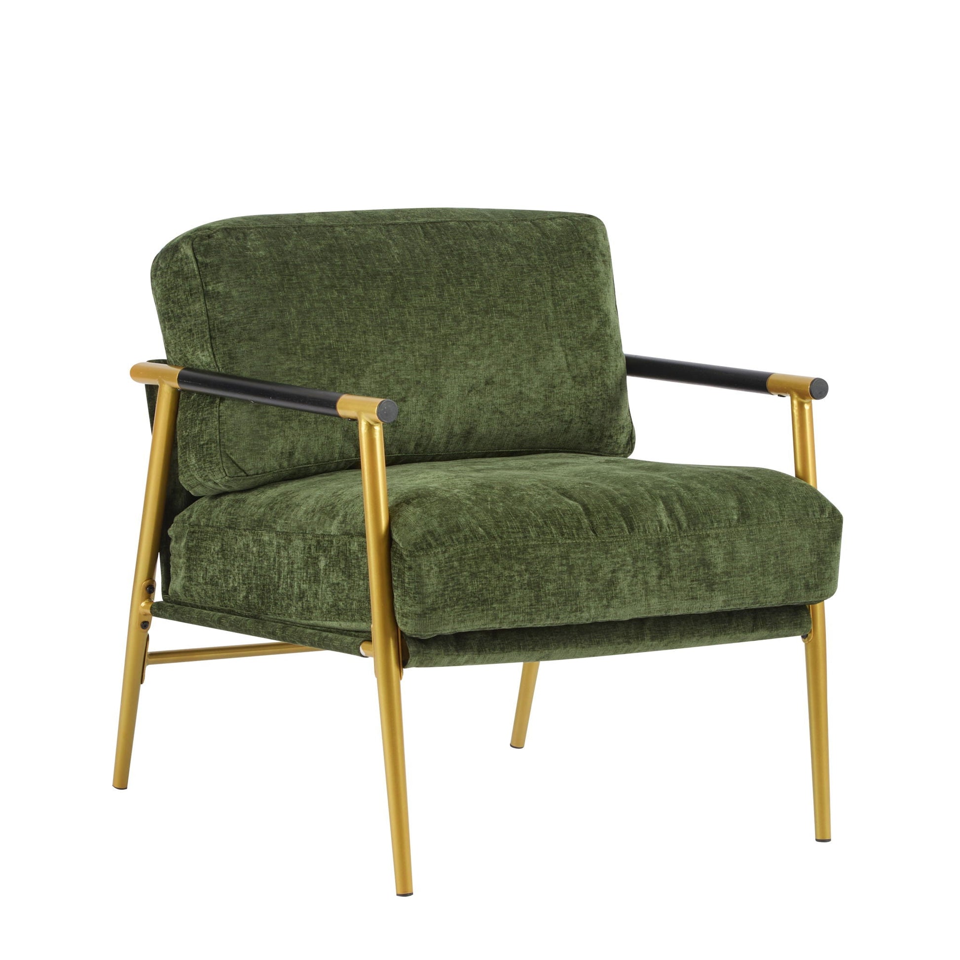 Modern accent armchair with plush green velvet cushions and gold metal frame on Tampa Home & Garden Store