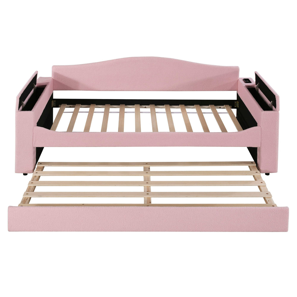 Upholstered pink daybed with storage armrests and a trundle by HouseOfZazla with audio system on Tampa Home & Garden Store
