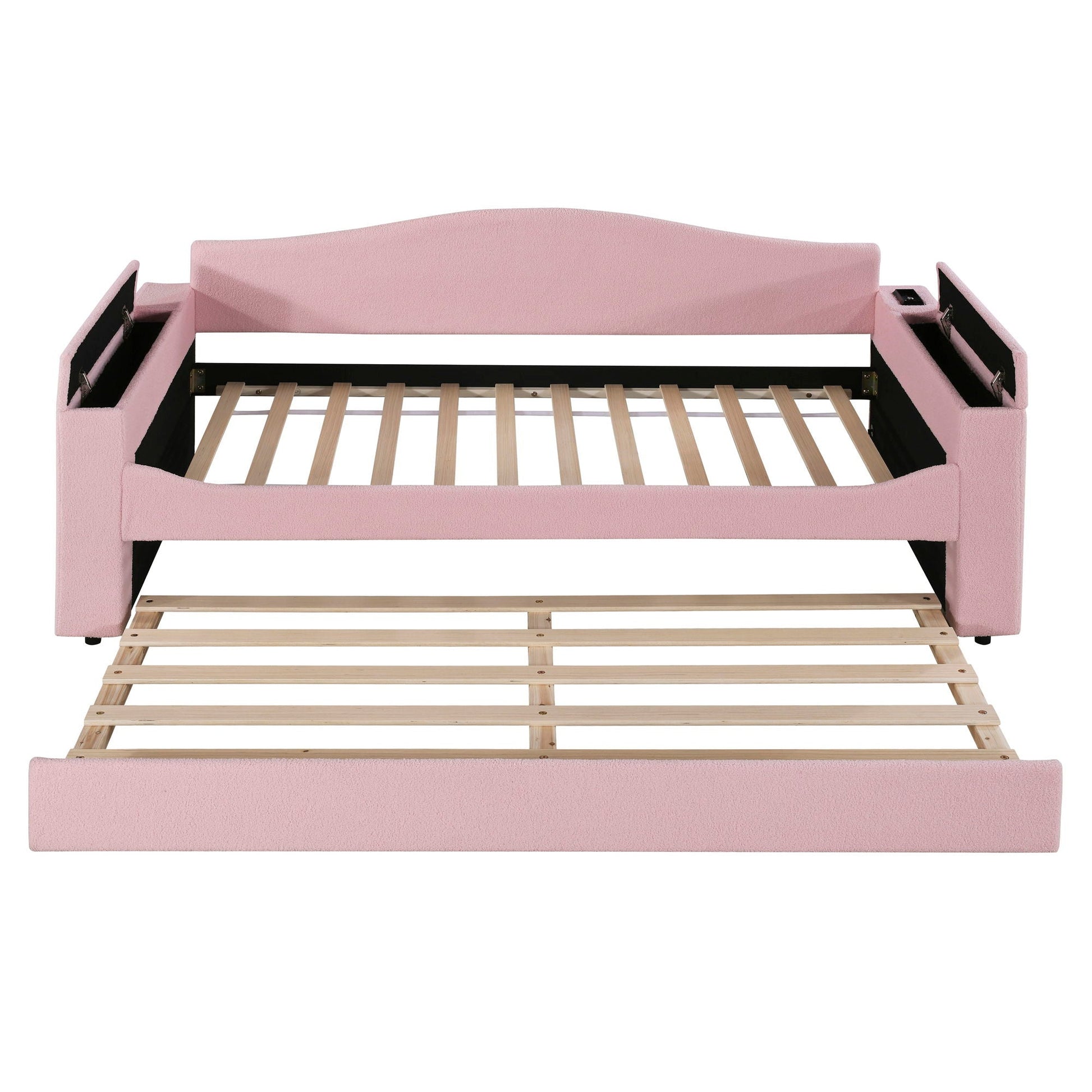 Upholstered pink daybed with storage armrests and a trundle by HouseOfZazla with audio system on Tampa Home & Garden Store