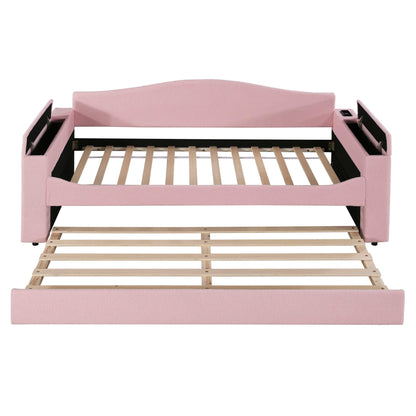 Upholstered pink daybed with storage armrests and a trundle by HouseOfZazla with audio system on Tampa Home & Garden Store