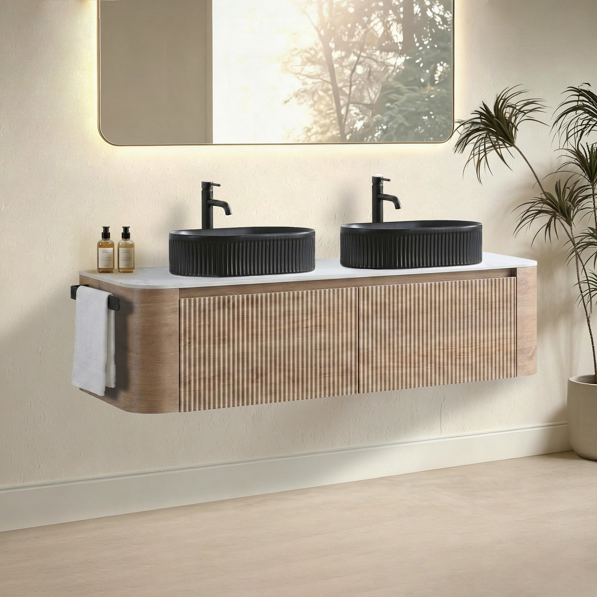Erba 60 Inch Honey Oak bathroom vanity with dual black vessel sinks and matte faucets on Tampa Home & Garden Store