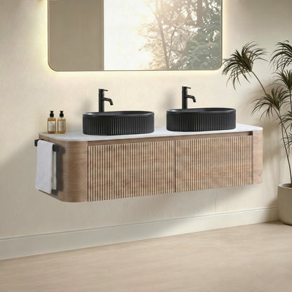 Erba 60 Inch Honey Oak bathroom vanity with dual black vessel sinks and matte faucets on Tampa Home & Garden Store