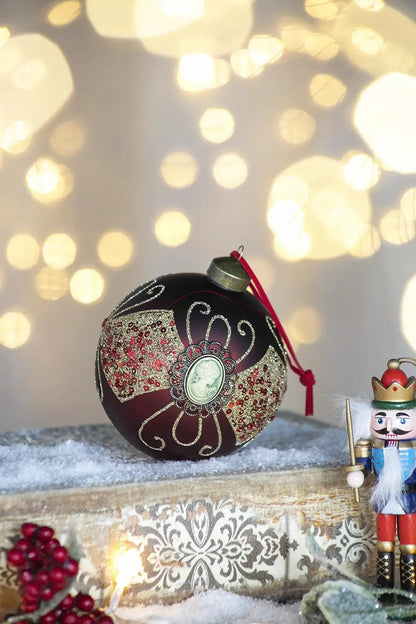 Maroon hanging ball ornament set of 6 with glittering silver pattern and cameo centerpiece on Tampa Home & Garden Store