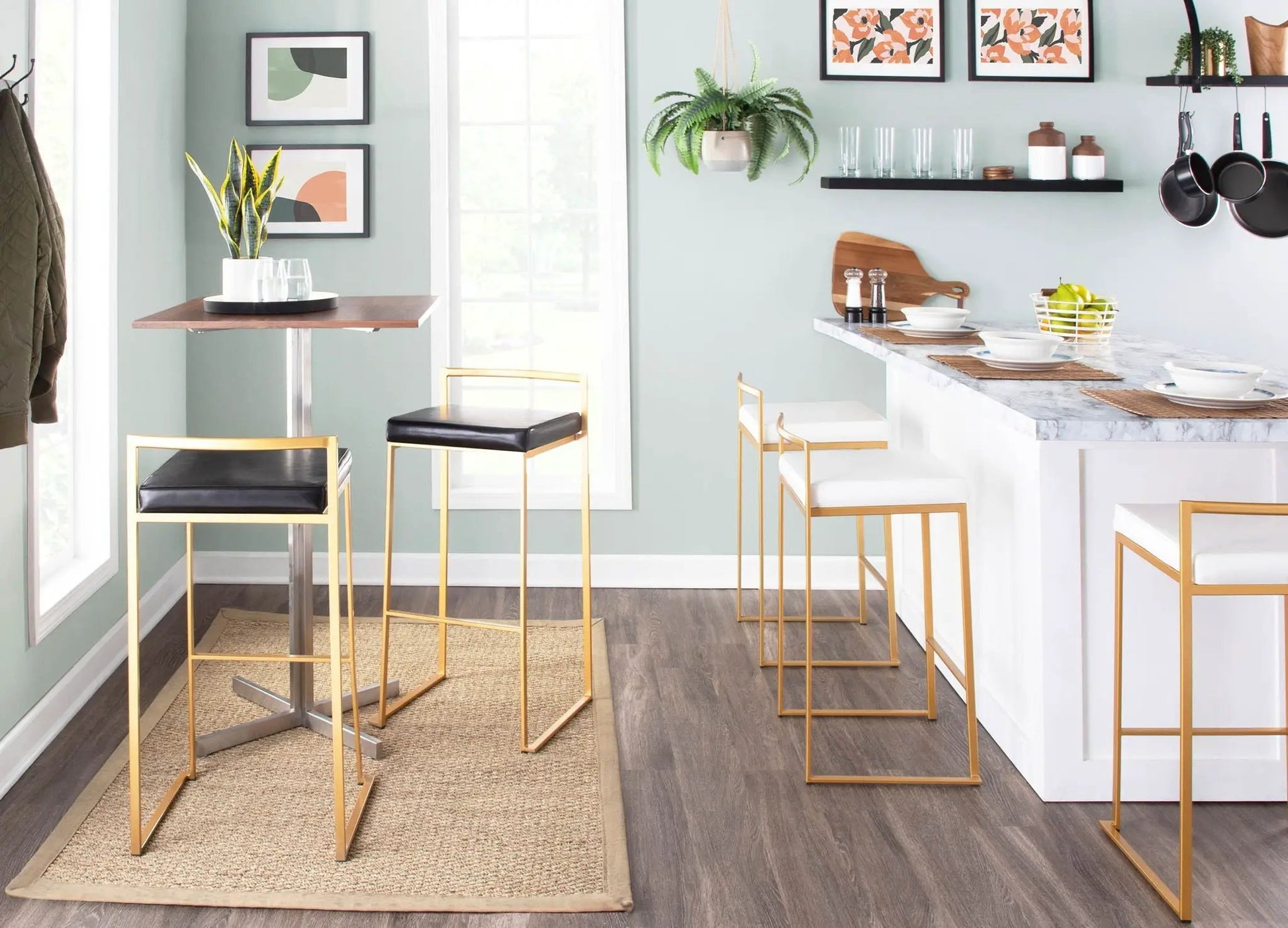 Fuji barstool set by Unique Piece Furniture; gold metal frames, black cushions, 4 stools on Tampa Home & Garden Store