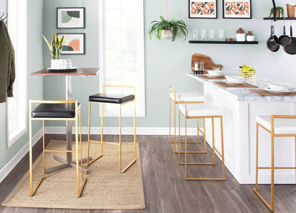 Fuji barstool set by Unique Piece Furniture; gold metal frames, black cushions, 4 stools on Tampa Home & Garden Store