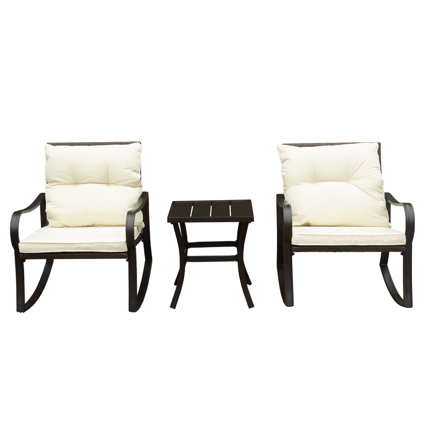 2-Person Metal Outdoor Rocking Seating Group with Cushions; cream cushioned chairs and a table on Tampa Home & Garden Store