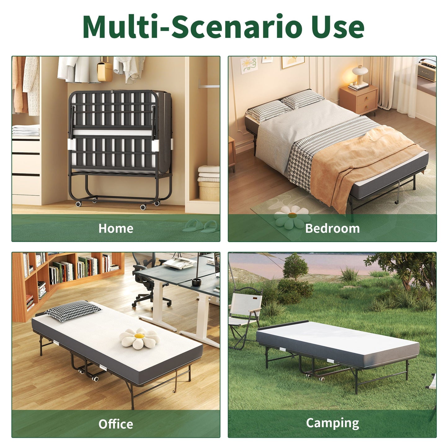 Twin folding bed with adjustable headboard on wheels, memory foam, black, HouseOfZazla on Tampa Home & Garden Store