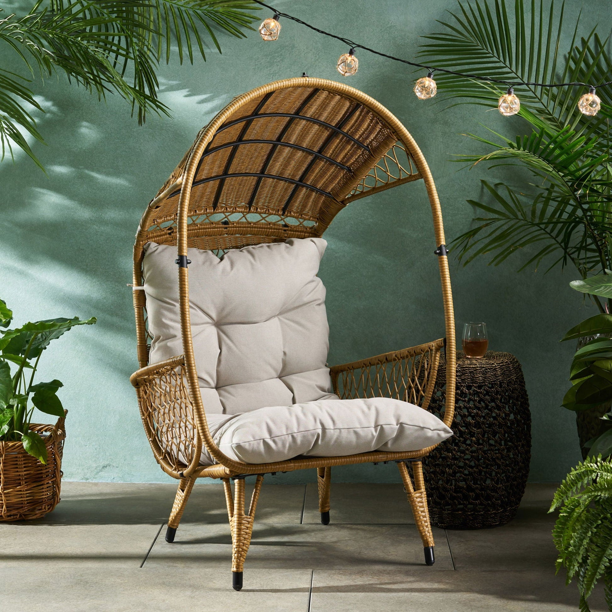 Outdoor wicker standing basket chair with cushion in natural tan, HouseOfZazla club accent chair on Tampa Home & Garden Store