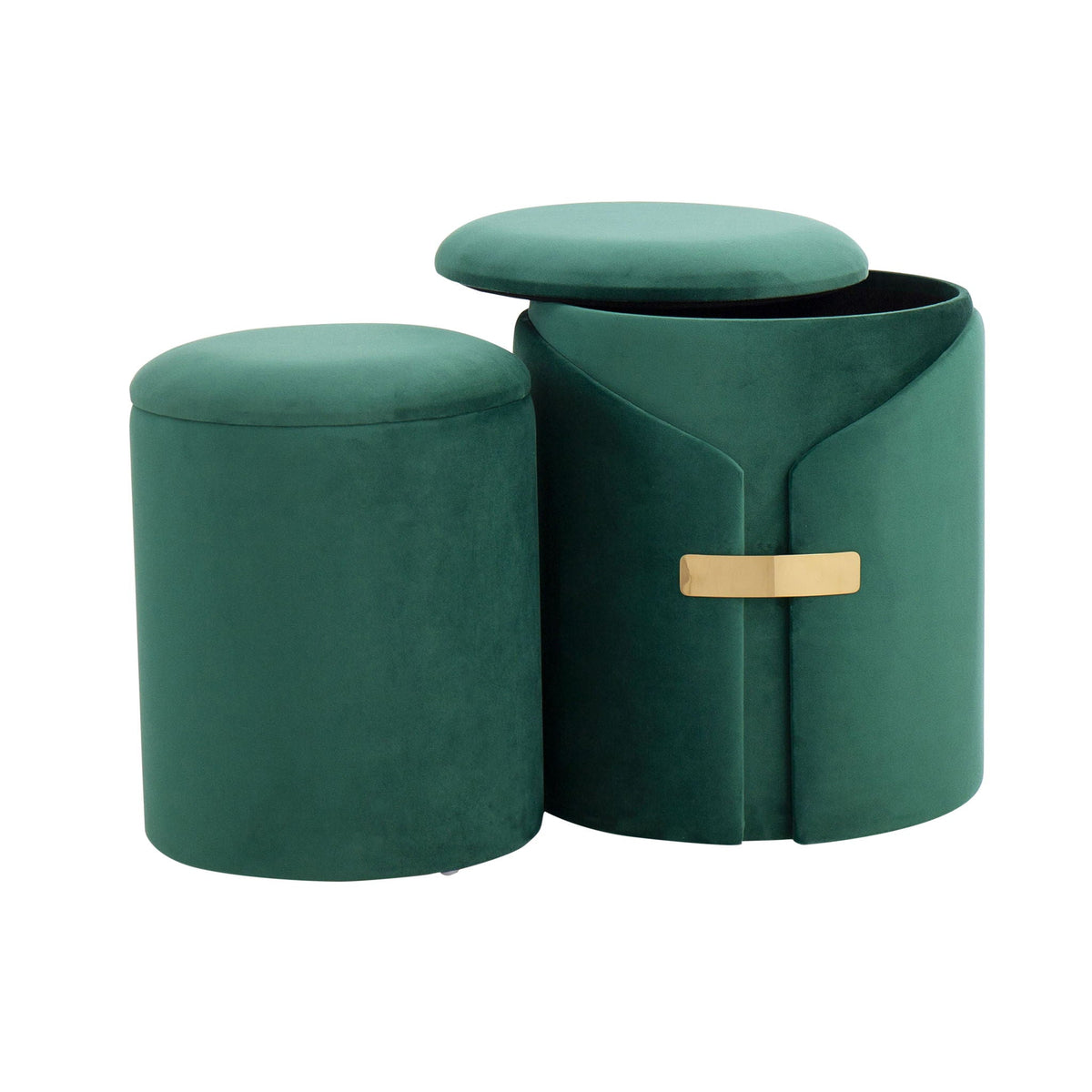 Dahlia 2-piece nesting ottoman set in dark green velvet with metal accents by HouseOfZazla on Tampa Home & Garden Store