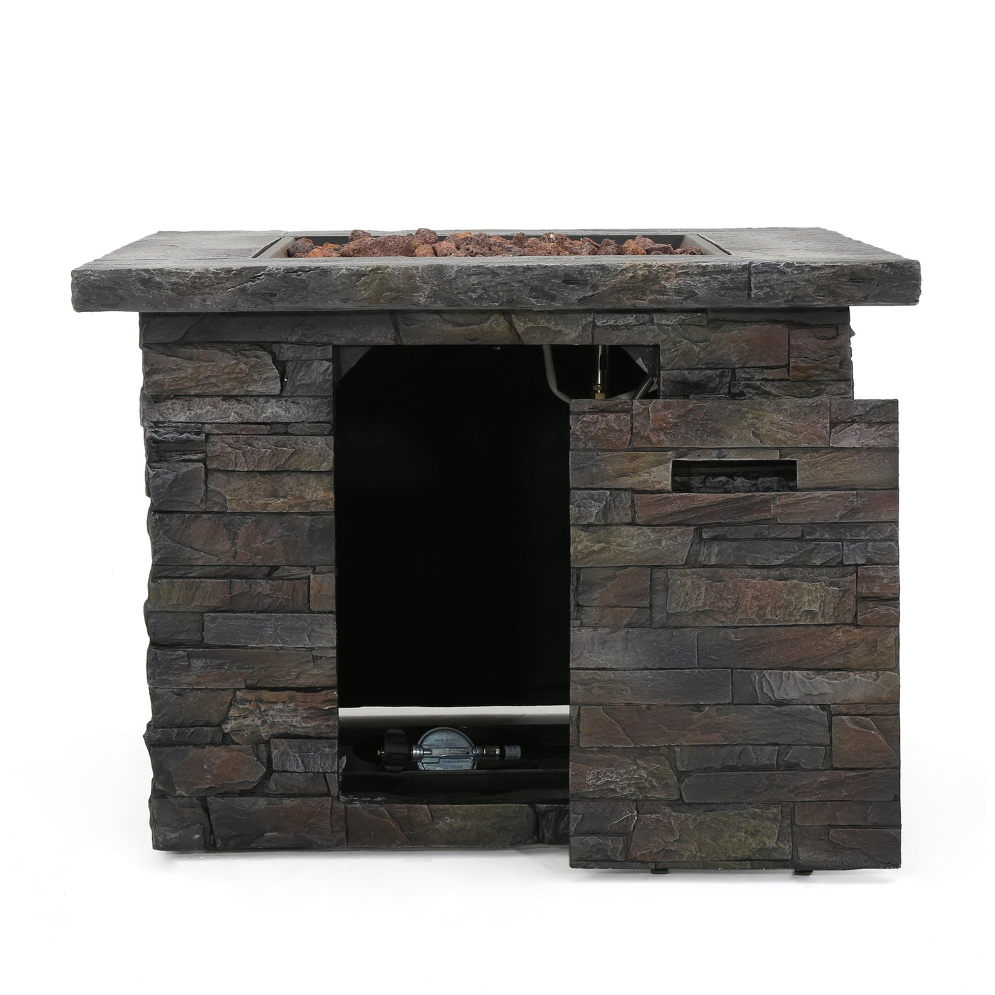 Fire pit 33-inch square MGO, 40,000 BTU gas with dark stone exterior and lava rock on Tampa Home & Garden Store