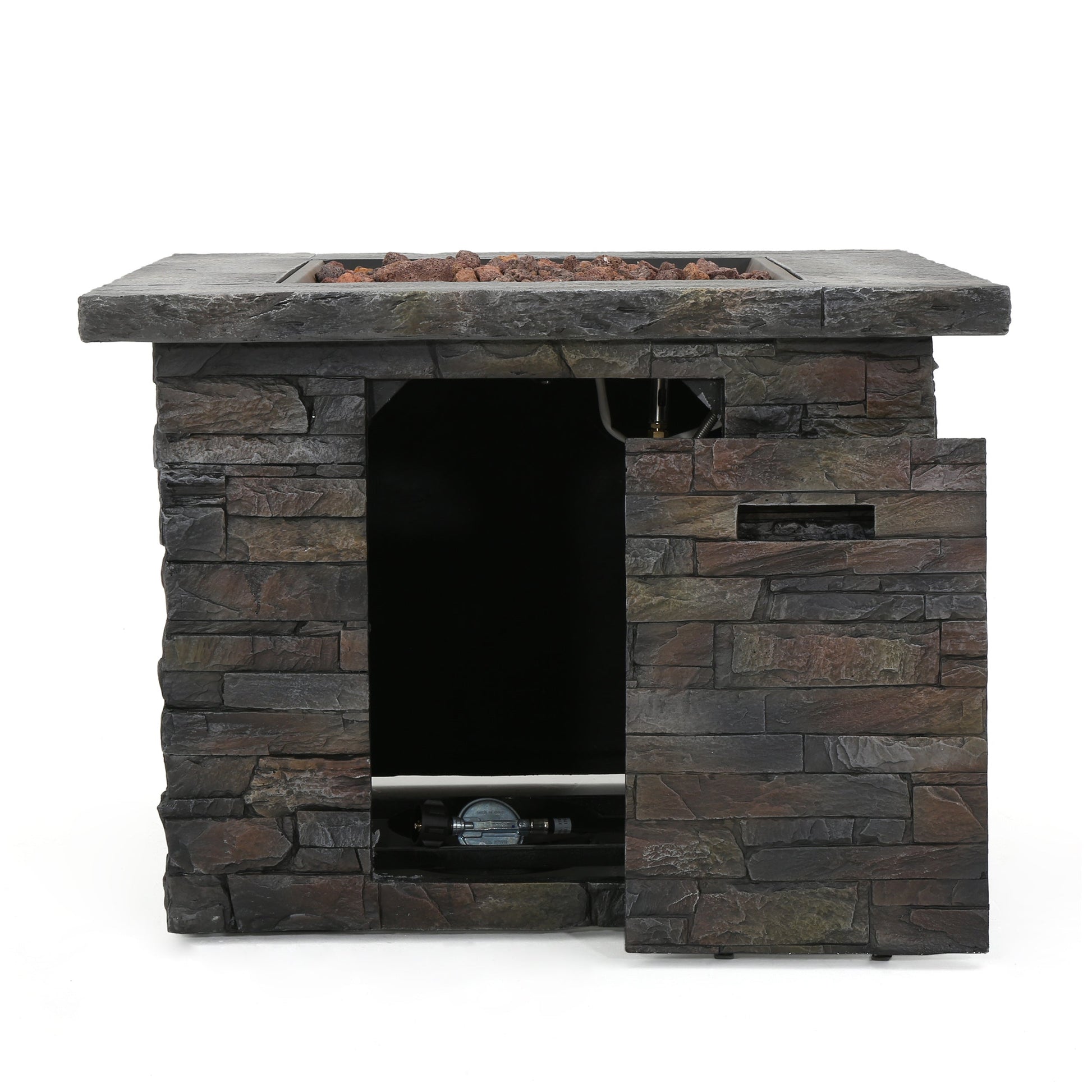 Fire pit 33-inch square MGO, 40,000 BTU gas with dark stone exterior and lava rock on Tampa Home & Garden Store