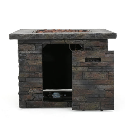 Fire pit 33-inch square MGO, 40,000 BTU gas with dark stone exterior and lava rock on Tampa Home & Garden Store