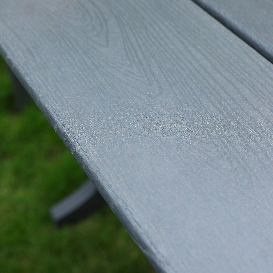 HDPE outdoor dining table top gray woodgrain finish on Tampa Home & Garden Store