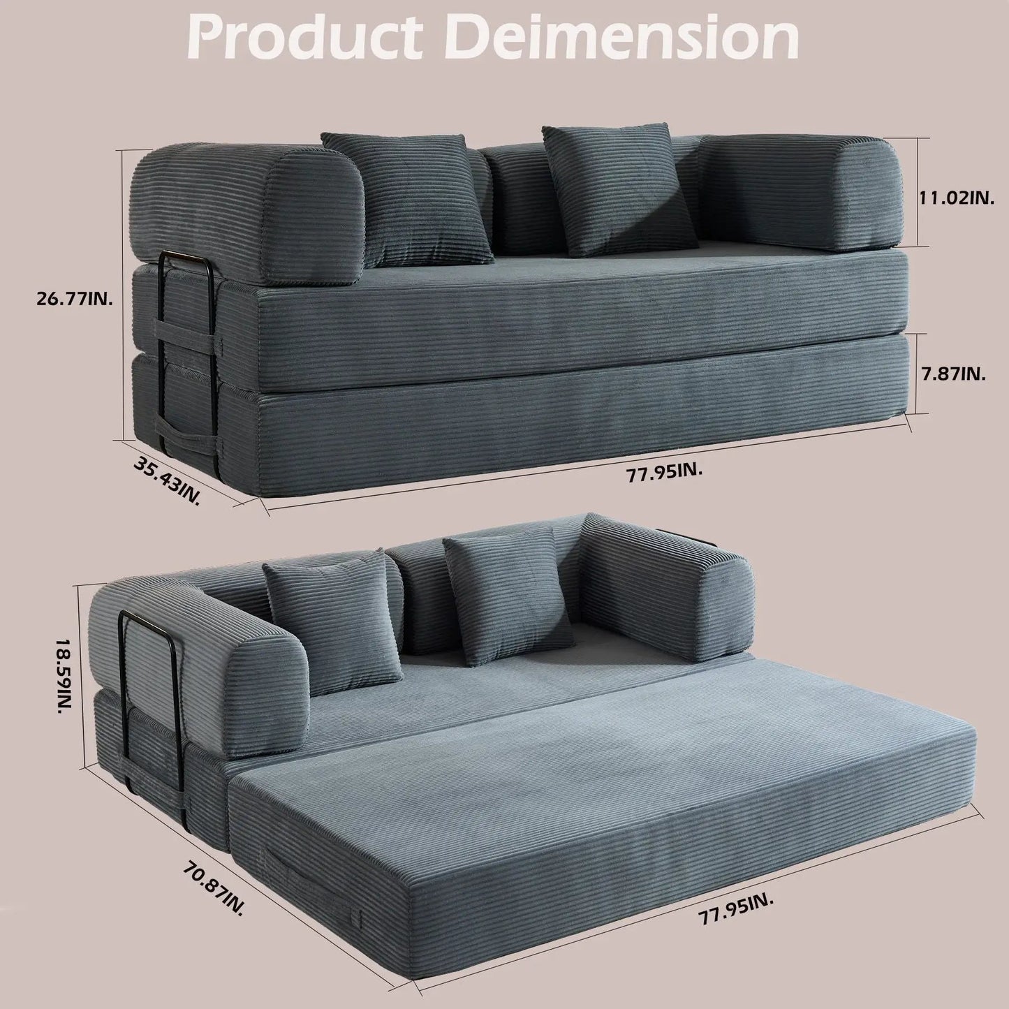 Convertible sleeper futon sofa bed with cylindrical pillows in blue-gray corduroy fixed-frame on Tampa Home & Garden Store