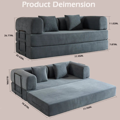 Convertible sleeper futon sofa bed with cylindrical pillows in blue-gray corduroy fixed-frame on Tampa Home & Garden Store