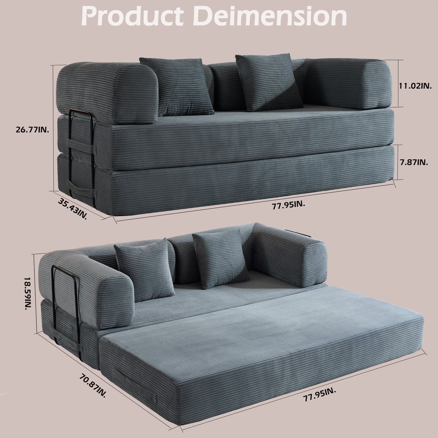 Convertible sleeper sofa with cylindrical cushions in slateblue corduroy by HouseOfZazla on Tampa Home & Garden Store