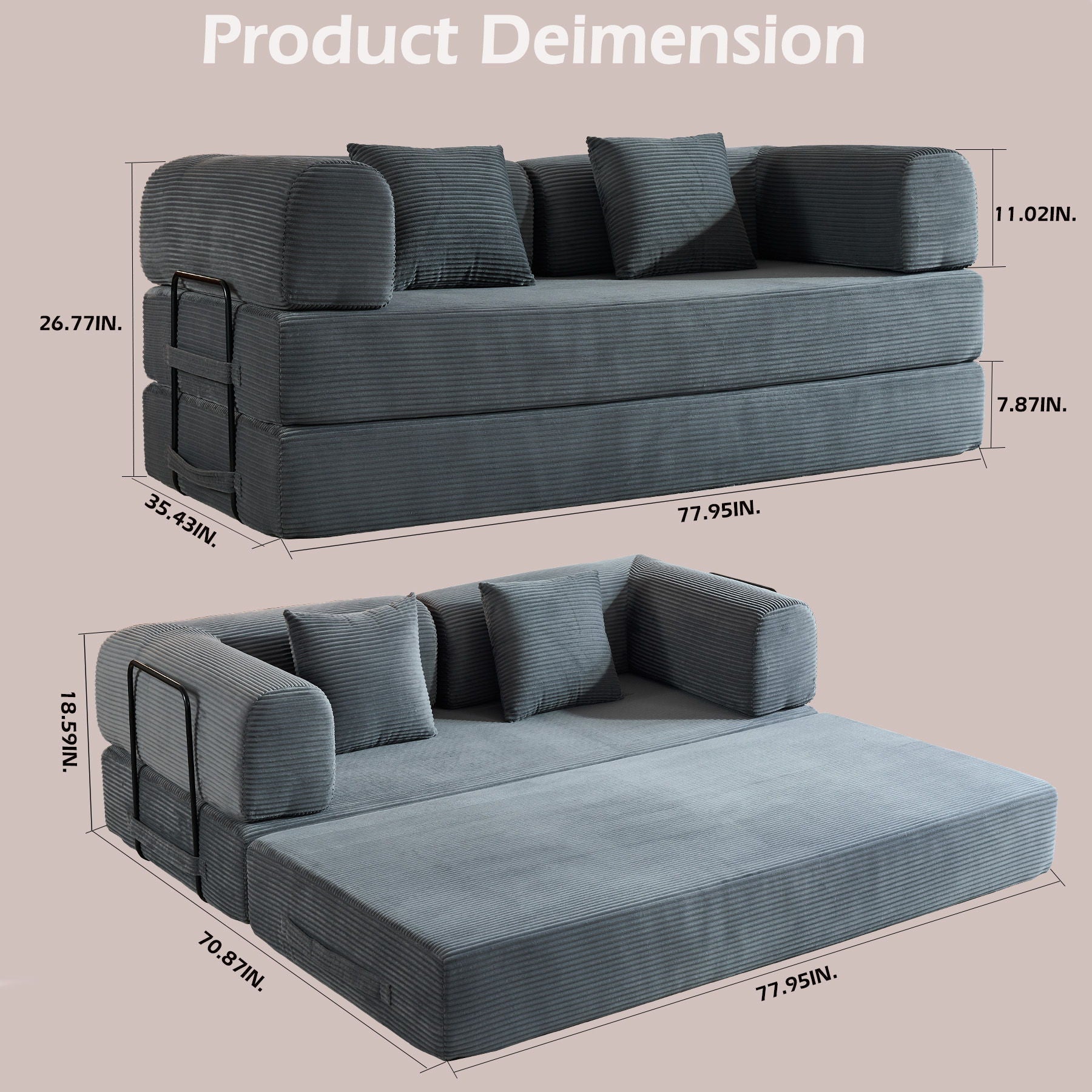 Convertible sleeper sofa with cylindrical cushions in slateblue corduroy by HouseOfZazla on Tampa Home & Garden Store