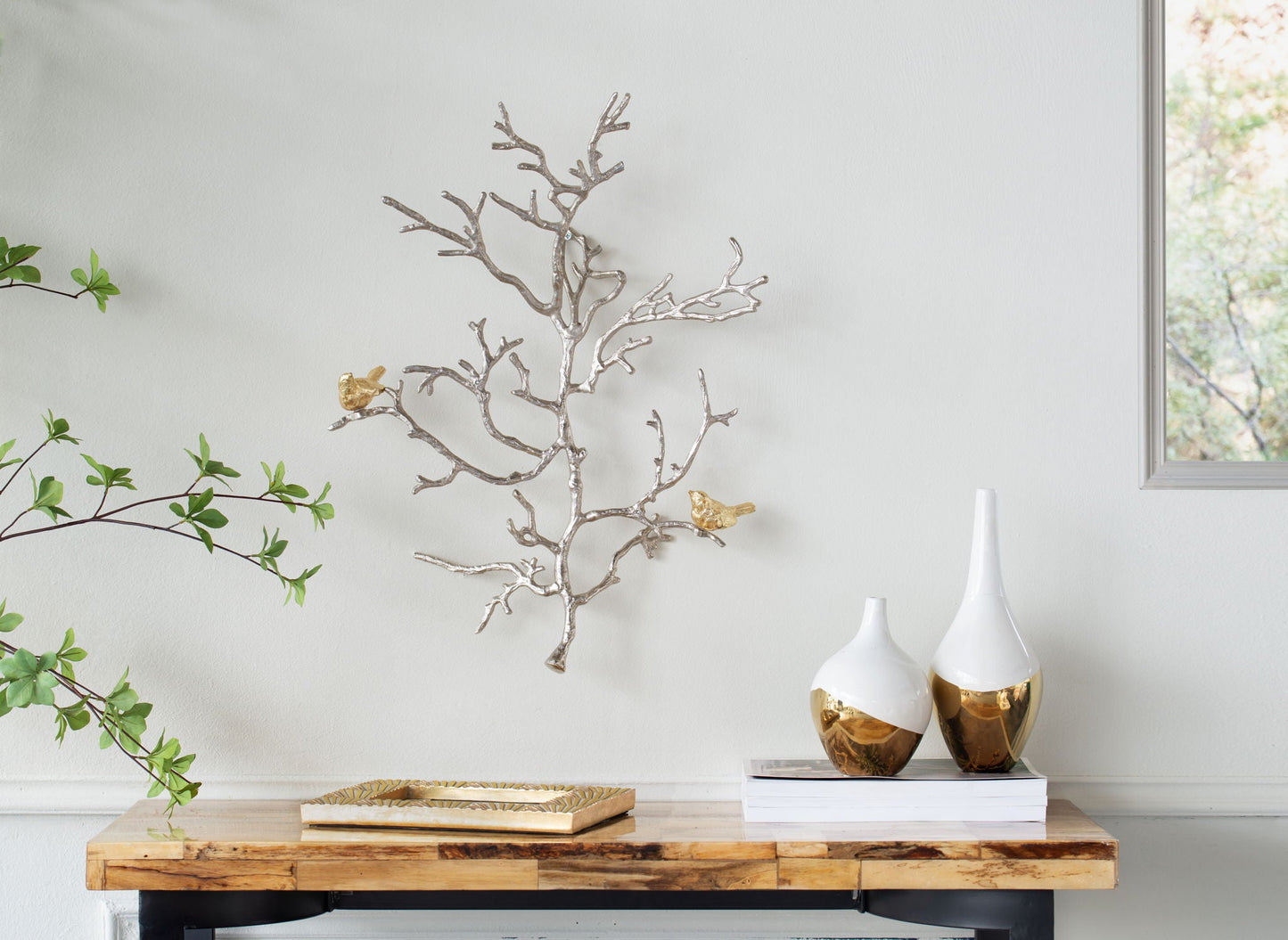 Metal branch wall sculptures set of 2, bird accents, silver multi Unique Piece Furniture on Tampa Home & Garden Store