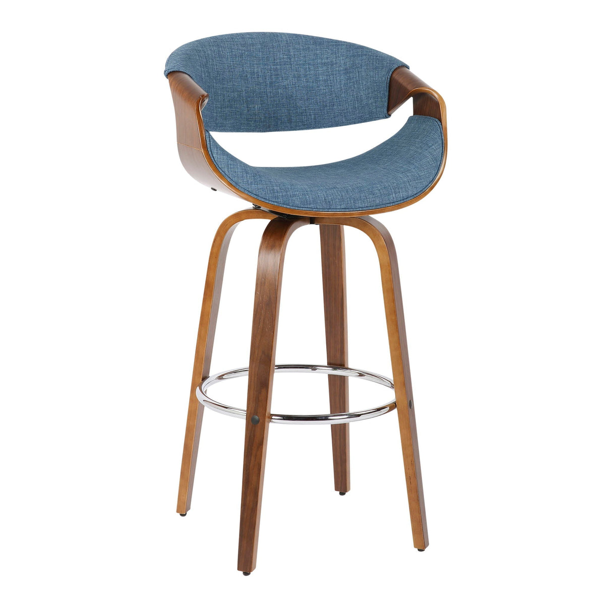 Mid-Century swivel barstool with walnut frame and blue fabric upholstery, chrome footrest on Tampa Home & Garden Store