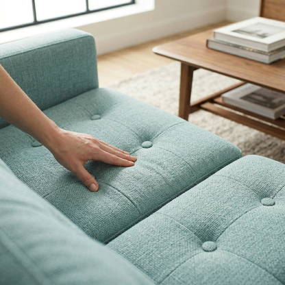 Talmadge Sofa in teal textured fabric with tufted cushions, hand resting on seat on Tampa Home & Garden Store