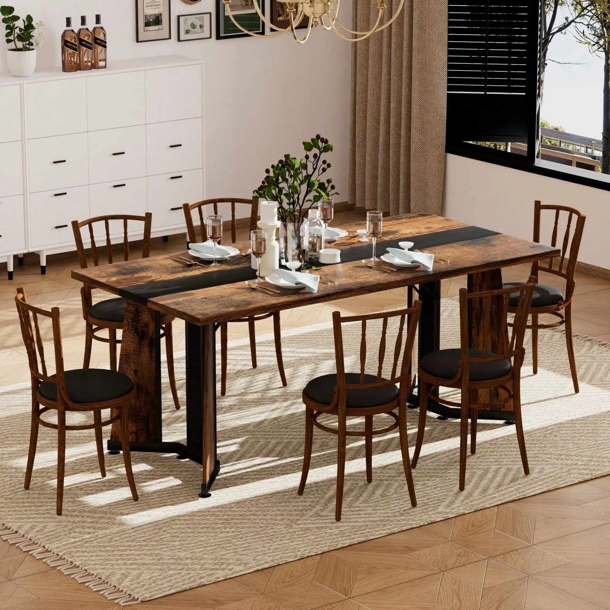 Rustic rectangular dining table with brown wood top and black steel legs for eight on Tampa Home & Garden Store