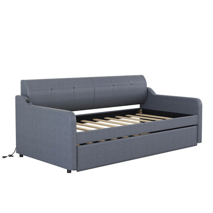 Upholstered Daybed with Trundle and USB Charging HouseOfZazla, blue-gray fabric, wood slat base on Tampa Home & Garden Store
