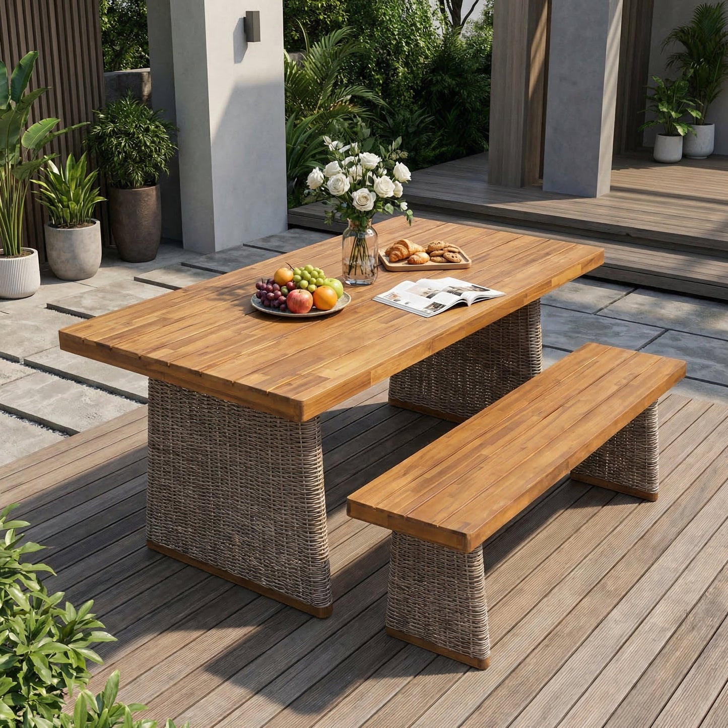 Outdoor Acacia Wood Dining Table and Bench Set