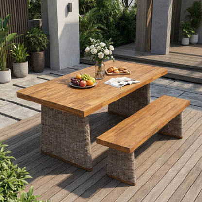 Outdoor Acacia Wood Dining Table and Bench Set