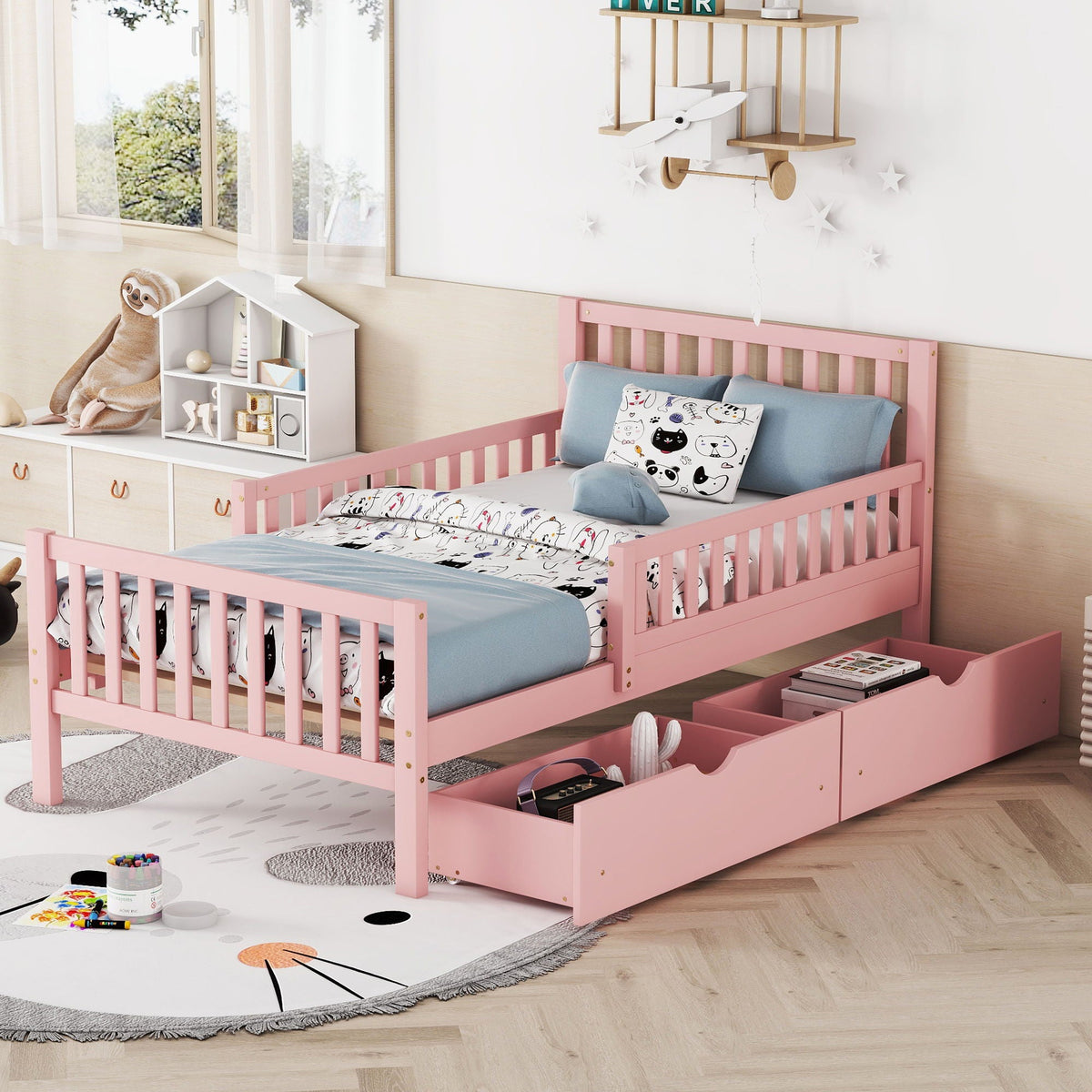 Pink platform bed with guardrails and 2 under-bed drawers by HouseOfZazla on Tampa Home & Garden Store