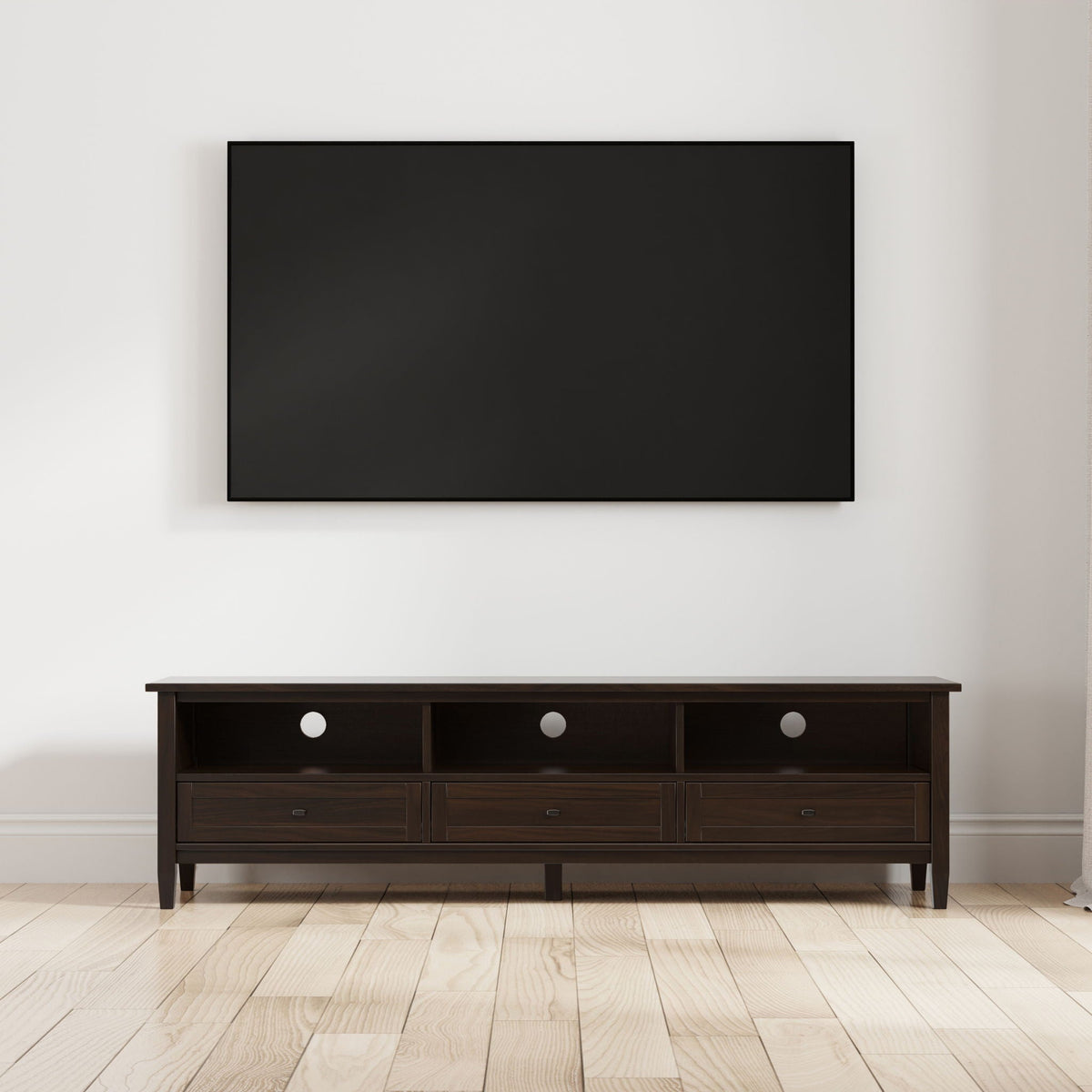 Shaker TV Stand and Solid Wood Media Console in dark brown by HouseOfZazla with open cubbies on Tampa Home & Garden Store