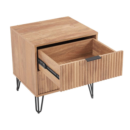 Dumbo nightstand with 2 drawers and fluted fronts in natural wood finish, black hairpin legs on Tampa Home & Garden Store