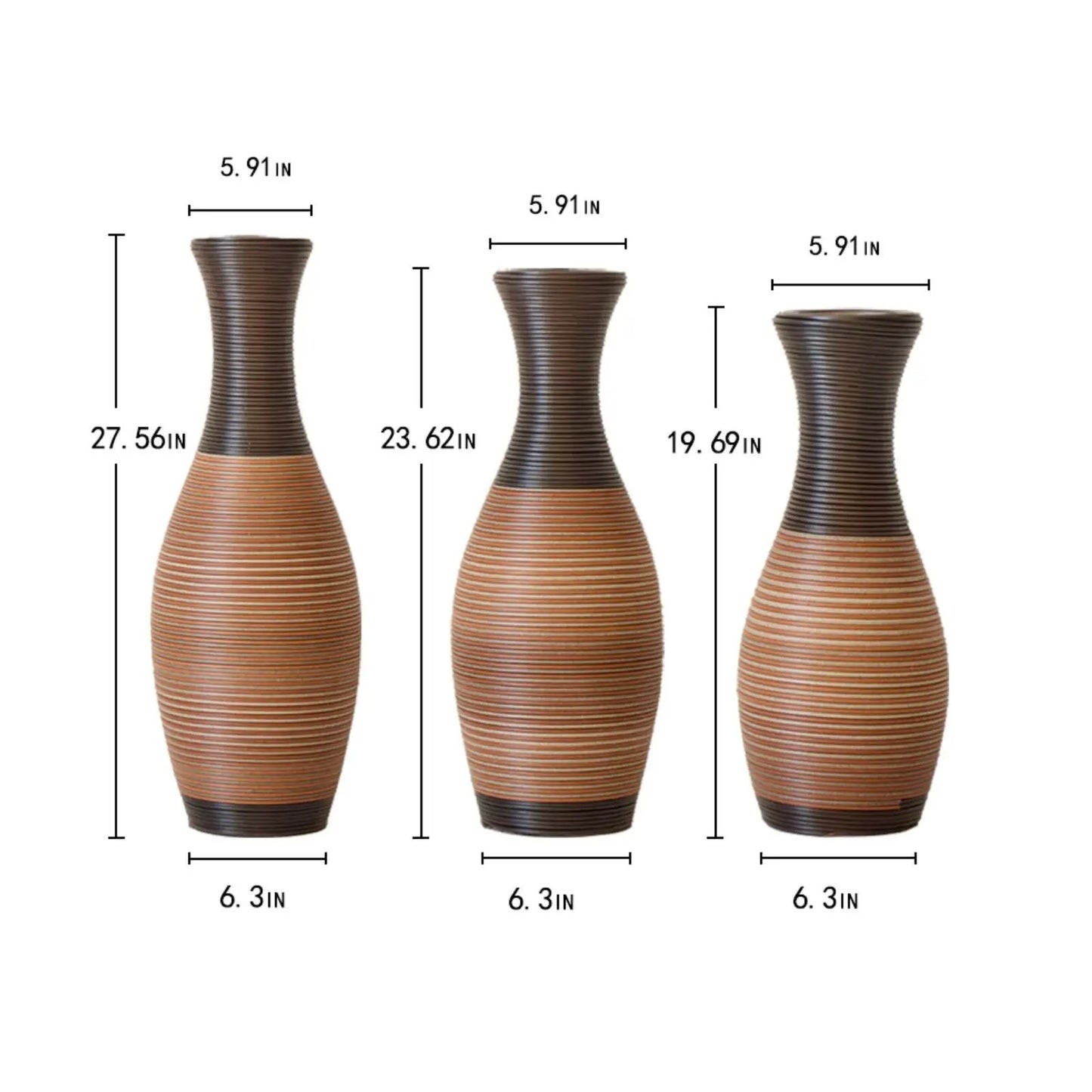 Designer floor vases set of 3 brown and tan striped ceramic with ribbed necks on Tampa Home & Garden Store