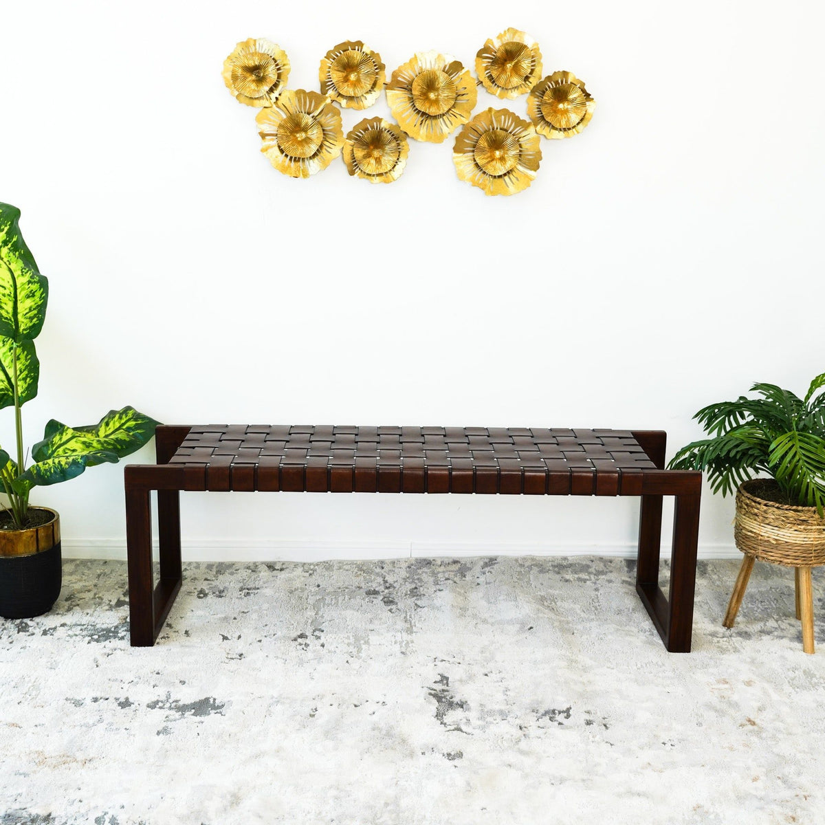 Cognac brown upholstered bench with genuine leather seat by HouseOfZazla, mid-century modern on Tampa Home & Garden Store
