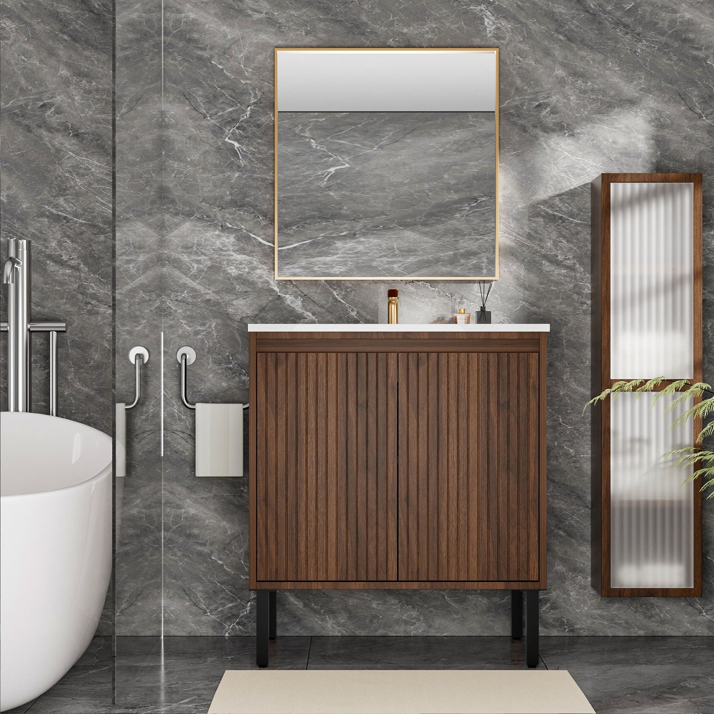 Walnut wood vanity with ceramic sink, floor-standing design and soft-close drawers on Tampa Home & Garden Store