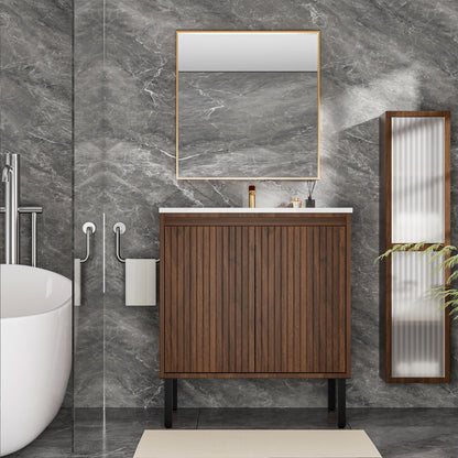 Walnut wood vanity with ceramic sink, floor-standing design and soft-close drawers on Tampa Home & Garden Store