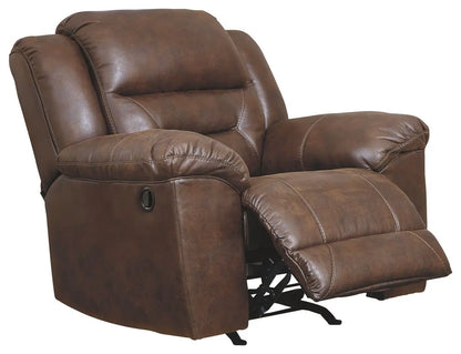 Stoneland Rocker Recliner in brown leather with plush cushions and extended footrest on Tampa Home & Garden Store