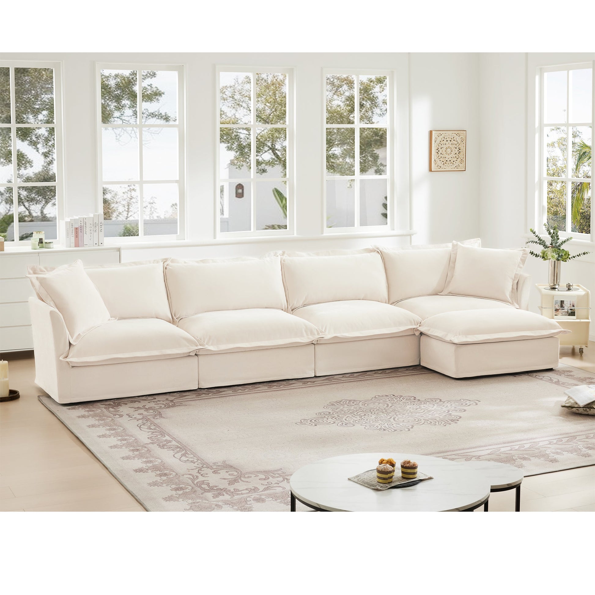 Beige slipcovered L-shaped sectional sofa 4-seater with chaise on Tampa Home & Garden Store