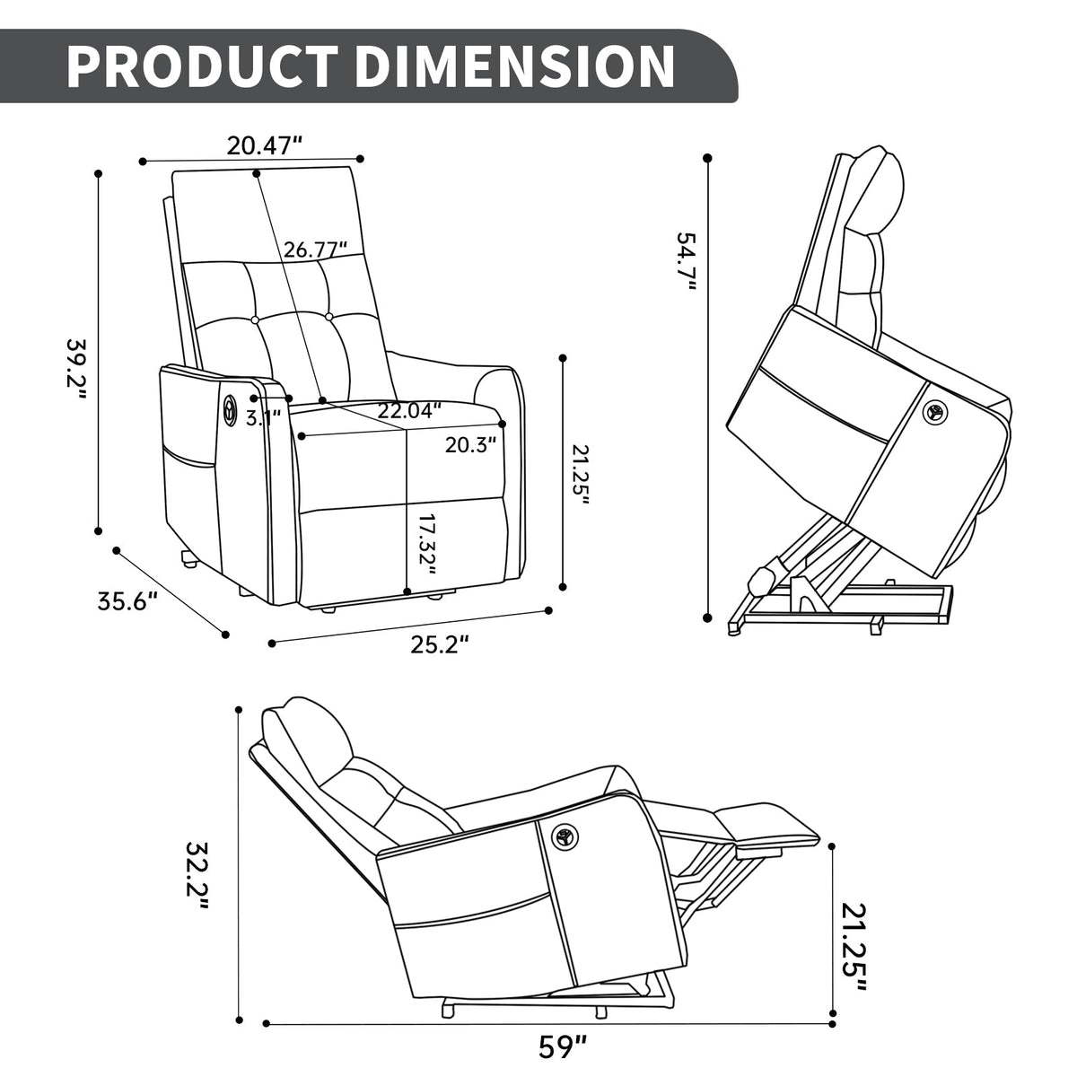Comfortmax single motor lift recliner chair dimension diagram with front/side views HouseOfZazla on Tampa Home & Garden Store