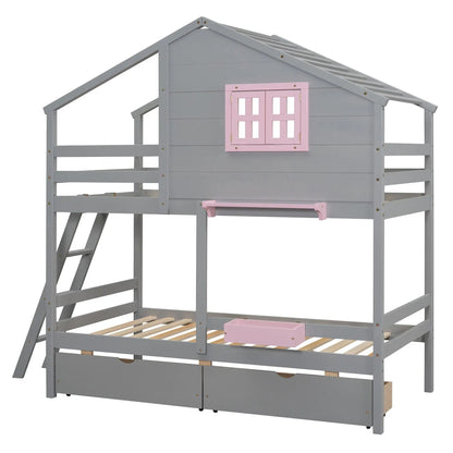 Bunk bed with playhouse roof and window, gray frame, pink window accent, Unique Piece Furniture on Tampa Home & Garden Store