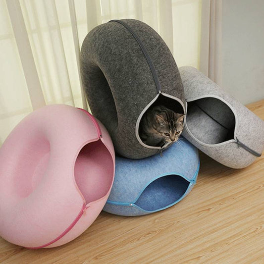 Donut cat tunnel bed set in felt with pink, blue and gray tunnels, cat in dark gray on Tampa Home & Garden Store