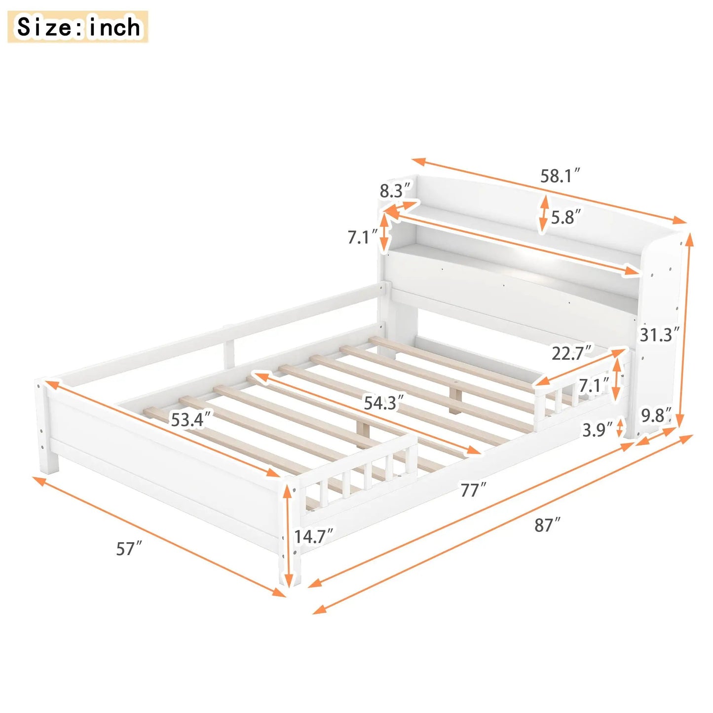 Wood Platform Bed With Led Light and Guardrail