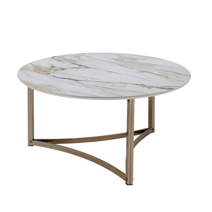 Sintered stone top round coffee table in white with a gold-tone metal base on Tampa Home & Garden Store