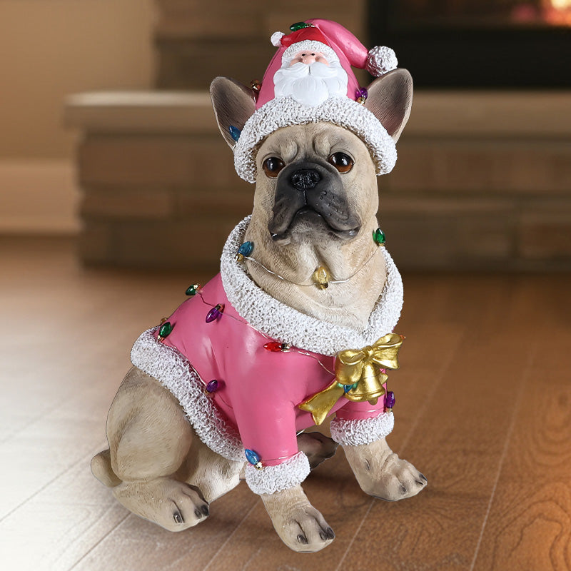 Christmas French Bulldog Statue by HouseOfZazla in pink festive outfit on Tampa Home & Garden Store