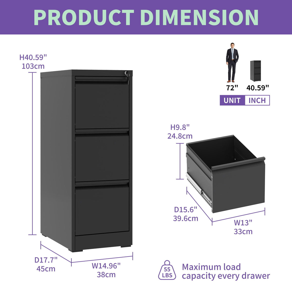 Steel vertical filing cabinet by HouseOfZazla, black with lock, 5-drawer, 40.59in tall on Tampa Home & Garden Store