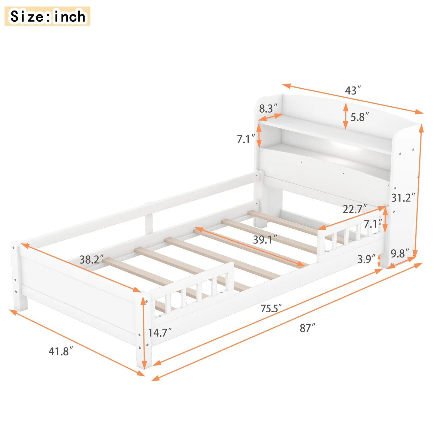 Wood Platform Bed With Led Light and Guardrail