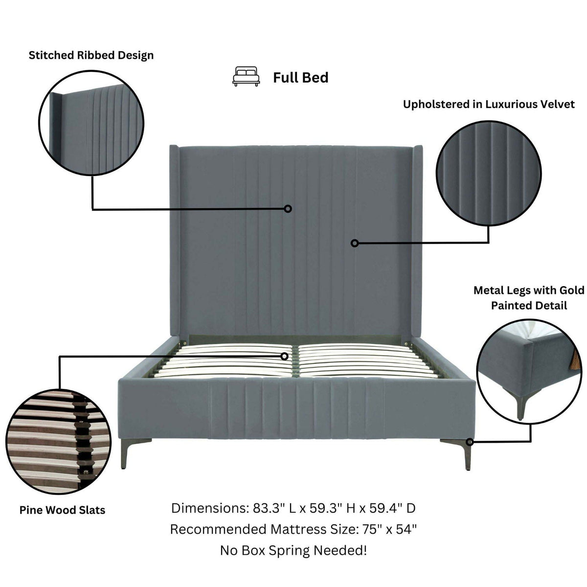 Promenade Upholstered Bed with ribbed gray velvet headboard and pine slats by HouseOfZazla on Tampa Home & Garden Store
