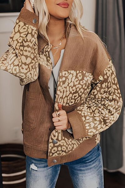 Stevvex leopard print drop-shoulder jacket with corduroy body, button-up closure on Tampa Home & Garden Store