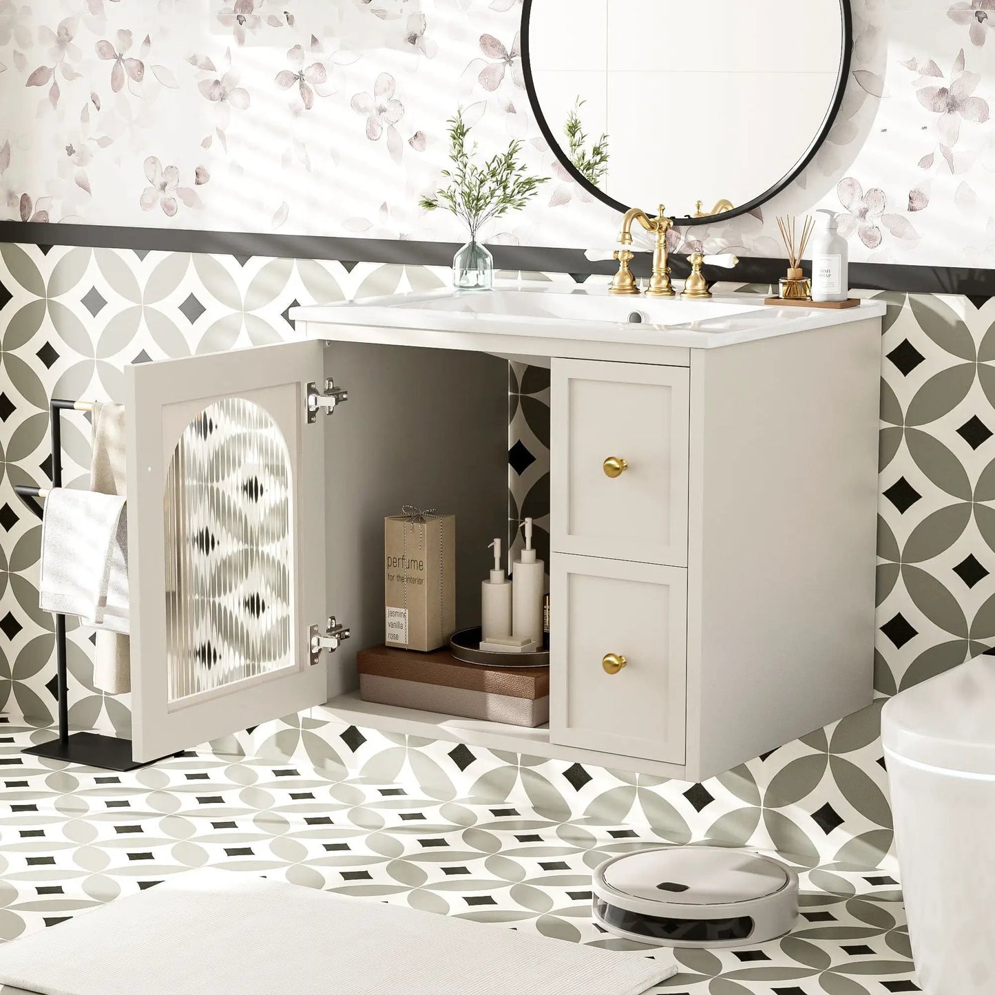 Wall-mounted vanity with sink, 2 drawers and soft-close door in light gray with brass faucet on Tampa Home & Garden Store